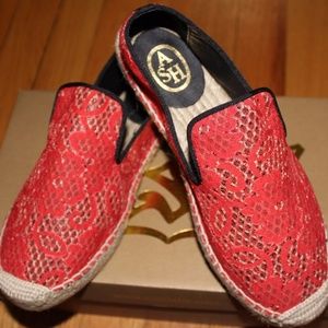 Ash Red Lace Espadrille Slip-Ons with Black Trim